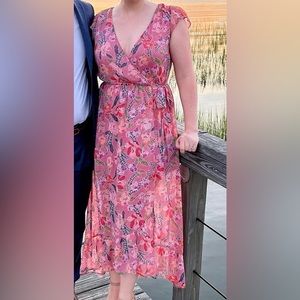 Floral high-low faux-wrap dress with flutter sleeves